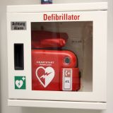 Das Bild zeigt einen Defibrillator im Kasten.