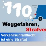 Grafik, blaues Auto und als Abgase stilisiert 110, darunter in schwarz "Weggefahren" und in rot "'Strafverfahren"