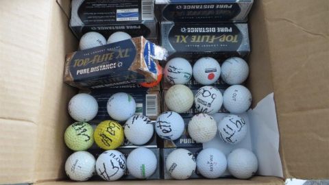 Das Bild zeigt einen Karton mit verschiedenen Golfbällen.